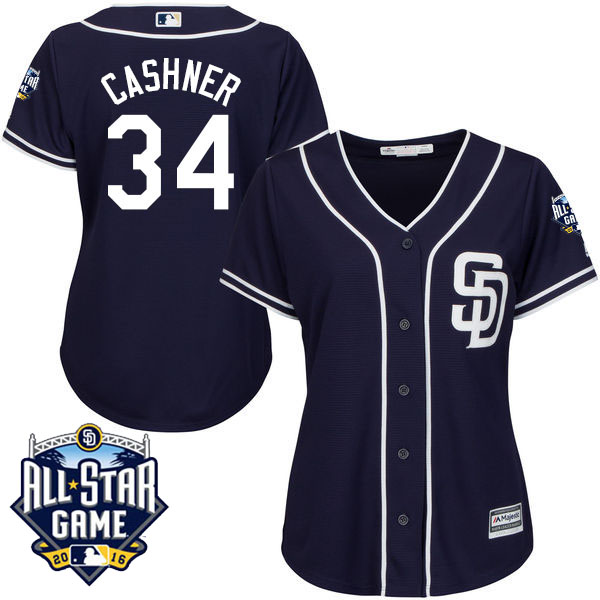 Women's San Diego Padres #34 Andrew Cashner Majestic Navy 2016 All-Star Patch Authentic Cool Base Jersey