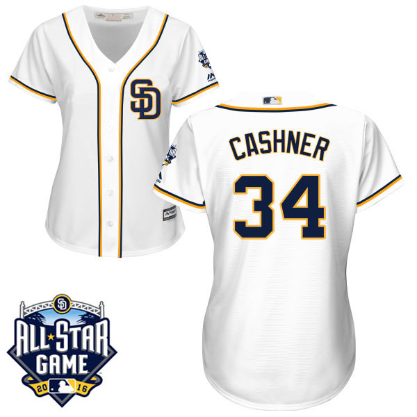 Women's San Diego Padres #34 Andrew Cashner Majestic White 2016 All-Star Patch Authentic Cool Base Jersey