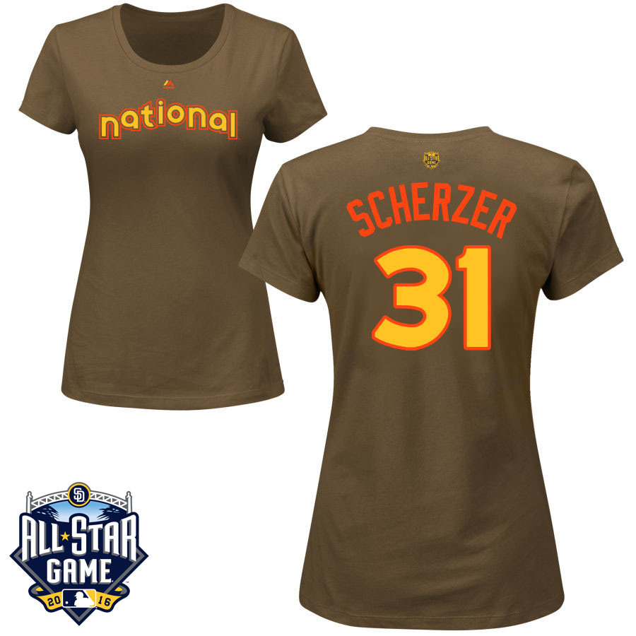 Women's Washington Nationals Max Scherzer #31 Brown 2016 MLB All-Star Game National League Name & Number T-Shirt