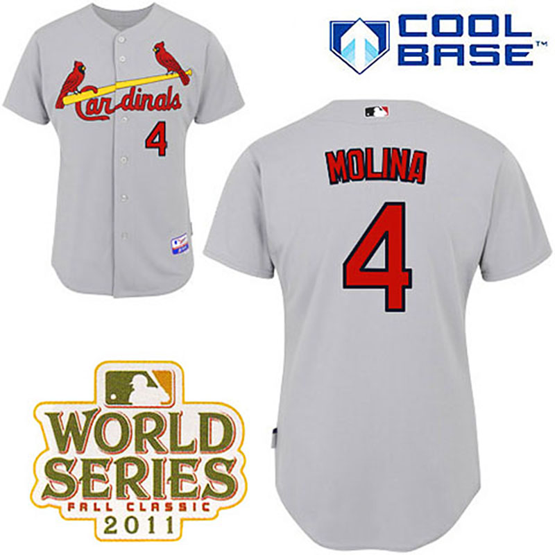 St. Louis Cardinals #4 Yadier Molina Grey Road Cool Base 2011 World Series Patch Jersey