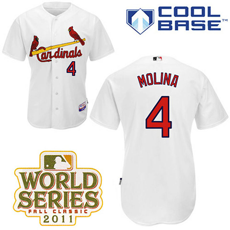 St. Louis Cardinals #4 Yadier Molina White Home Cool Base 2011 World Series Patch Jersey