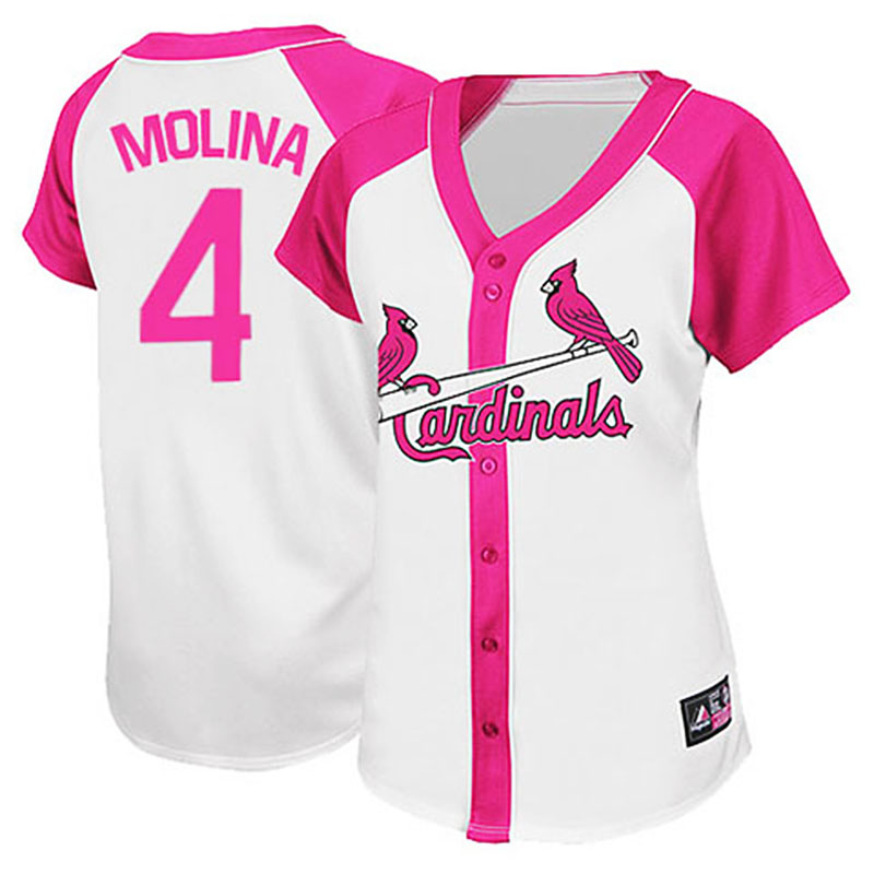 St. Louis Cardinals #4 Yadier Molina White/Pink Women's Splash Fashion Jersey