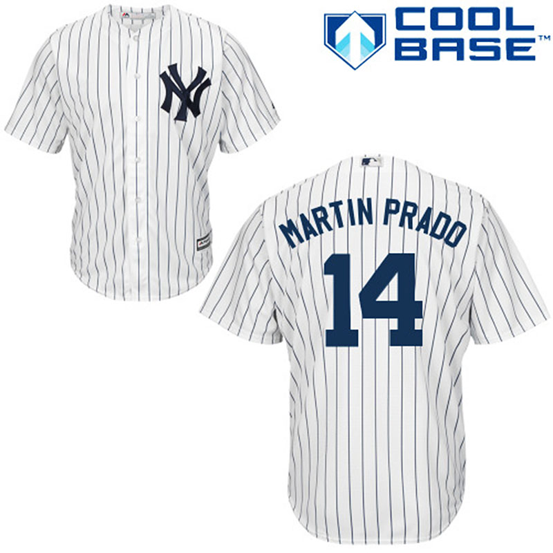 New York Yankees #14 Martin Prado Men's Authentic White/Navy Blue Pinstripe Home Majestic MLB Jersey