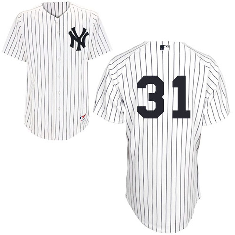 New York Yankees #31 Ichiro Suzuki Men's Authentic White/Navy Blue Pinstripe Home Majestic MLB Jersey