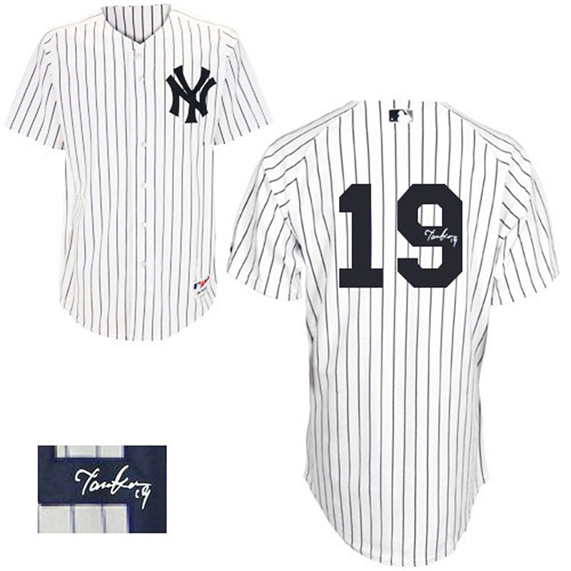 New York Yankees #19 Masahiro Tanaka Men's Authentic White/Navy Blue Pinstripe Autographed Home Majestic MLB Jersey