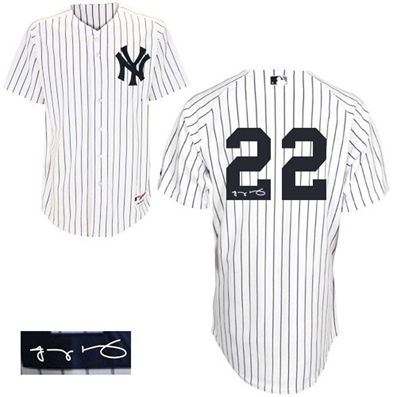 New York Yankees #22 Jacoby Ellsbury Men's Authentic White/Navy Blue Pinstripe Autographed Home Majestic MLB Jersey