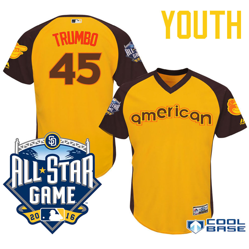 Youth 2016 MLB All-Star American Baltimore Orioles #45 Mark Trumbo Gold Cool Base Jersey