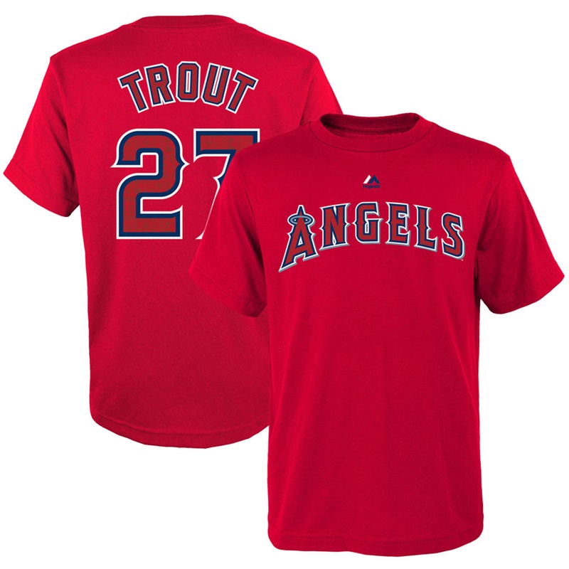 Youth Los Angeles Angels 2017 Spring Training Mike Trout #27 Red Name & Number T-Shirt