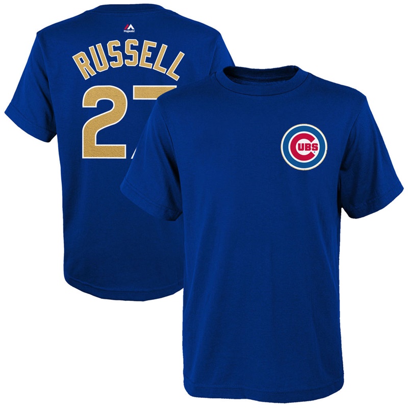 Youth Chicago Cubs Addison Russell #27 Royal 2017 Gold Program T-Shirt