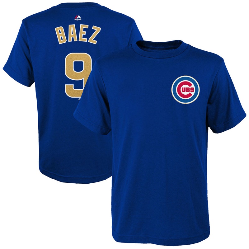 Youth Chicago Cubs Javier Baez #9 Royal 2017 Gold Program T-Shirt