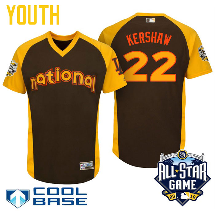 Youth 2016 MLB All-Star National Los Angeles Dodgers Clayton Kershaw #22 Brown Cool Base Jersey