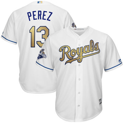 Youth Salvador Perez #13 Kansas City Royals Majestic White World Series Champions Gold Program Cool Base Player Jersey