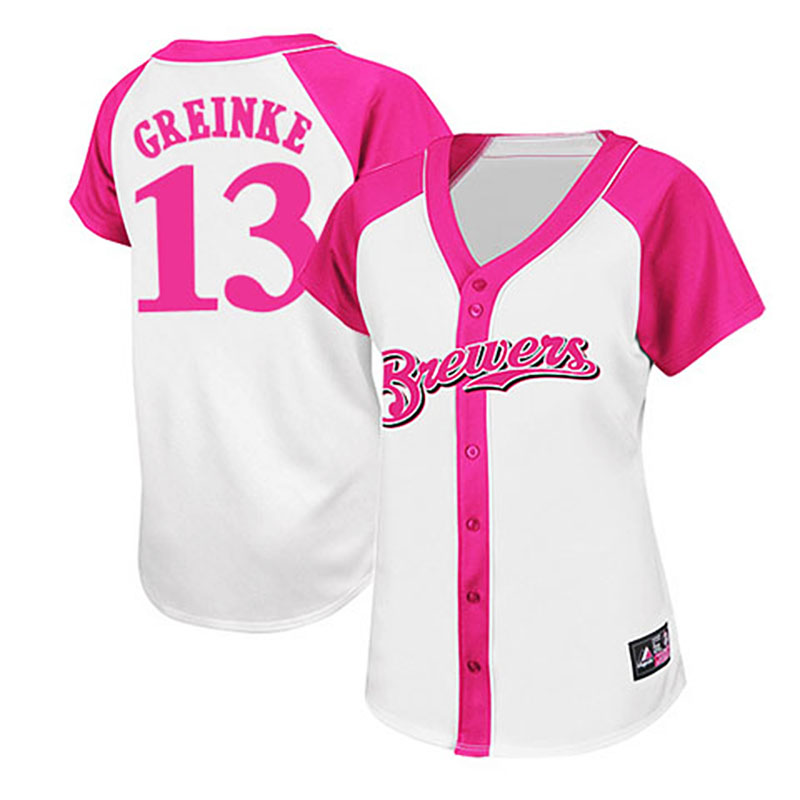 Milwaukee Brewers #13 Zack Greinke White/Pink Women's Splash Fashion Jersey