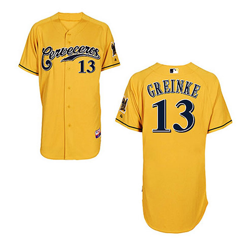 Milwaukee Brewers #13 Zack Greinke Yellow Cerveceros Cool Base Jersey