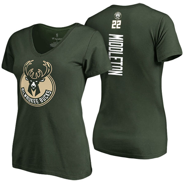 Women's Khris Middleton Milwaukee Bucks Classic Fit Backer Name Number V-Neck Green T-shirt