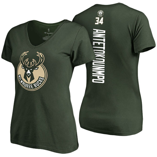 Women's Giannis Antetokounmpo Milwaukee Bucks Classic Fit Backer Name Number V-Neck Green T-shirt