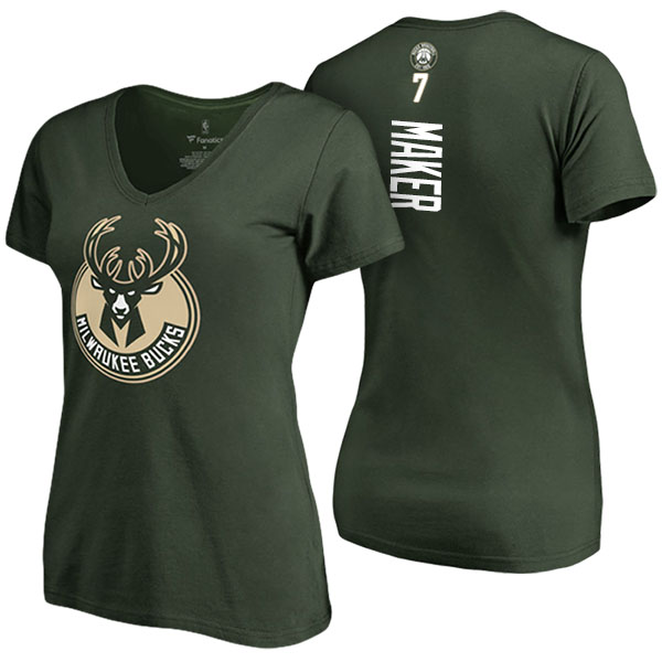 Women's Thon Maker Milwaukee Bucks Classic Fit Backer Name Number V-Neck Green T-shirt