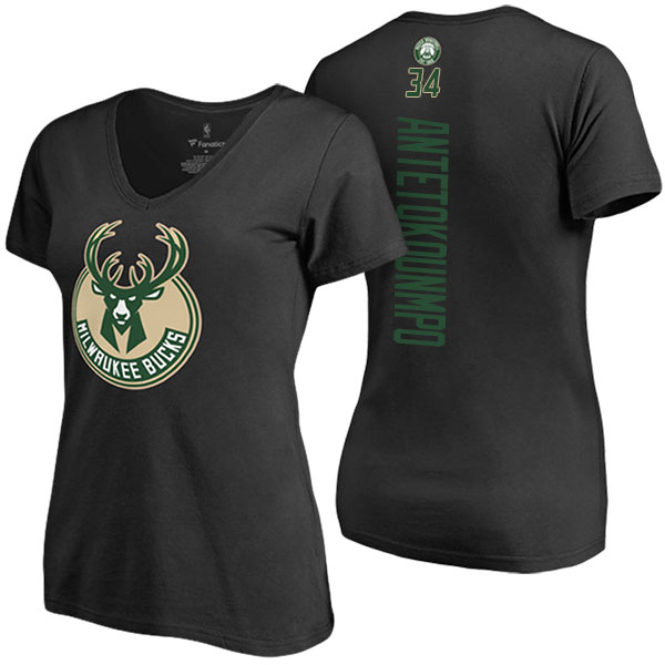 Women's Giannis Antetokounmpo Milwaukee Bucks Classic Fit Backer Name Number V-Neck Black T-shirt