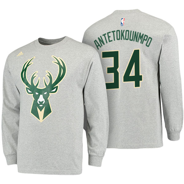 Men's  Giannis Antetokounmpo Milwaukee Bucks Name Number Adidas Gray Long Sleeve T-shirt