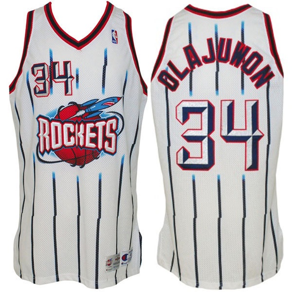 Men's  Rockets Hakeem Olajuwon Hardwood Classics White Stripe Jersey