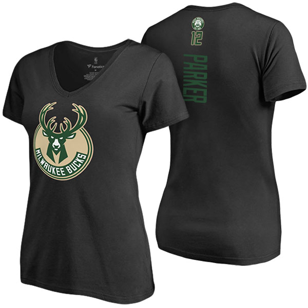 Women's Jabari Parker Milwaukee Bucks Classic Fit Backer Name Number V-Neck Black T-shirt