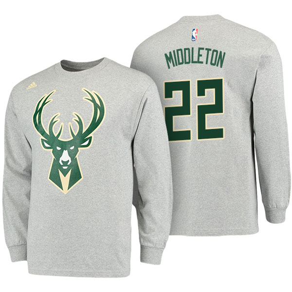 Men's  Khris Middleton Milwaukee Bucks Name Number Adidas Gray Long Sleeve T-shirt