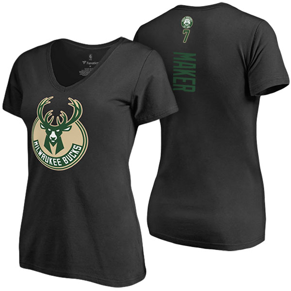 Women's Thon Maker Milwaukee Bucks Classic Fit Backer Name Number V-Neck Black T-shirt