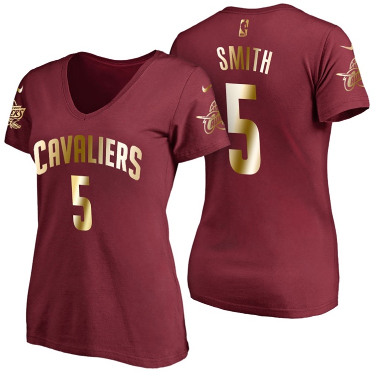 Women's J.R. Smith Cleveland Cavaliers #5 Gold 2017 NBA Finals Wine Name & Number T-Shirt