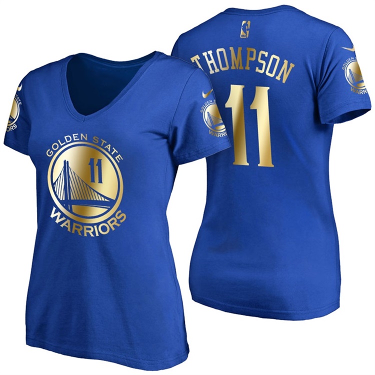 Women's Klay Thompson Golden State Warriors #11 Gold 2017 NBA Finals Royal Name & Number T-Shirt