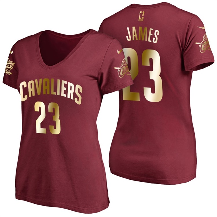 Women's LeBron James Cleveland Cavaliers #23 Gold 2017 NBA Finals Wine Name & Number T-Shirt