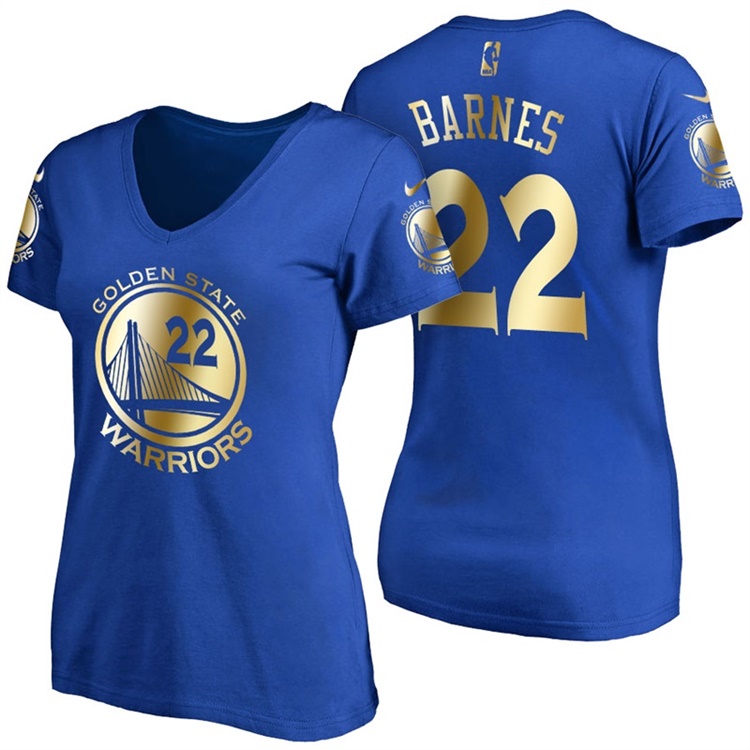 Women's Matt Barnes Golden State Warriors #22 Gold 2017 NBA Finals Royal Name & Number T-Shirt