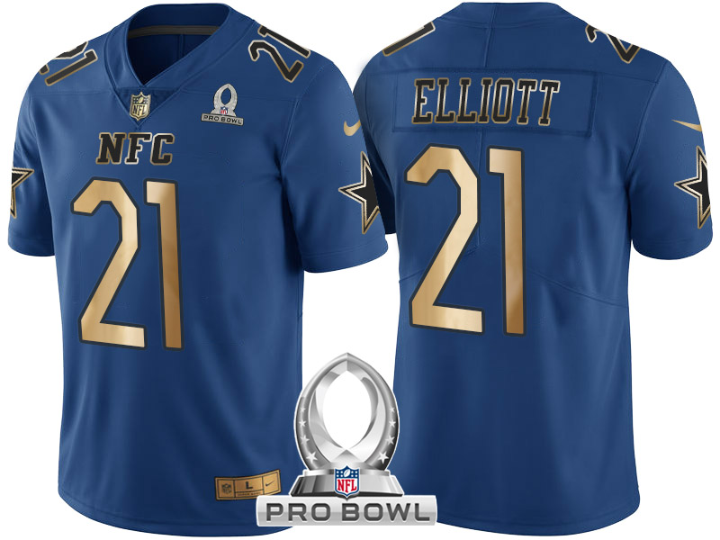 Dallas Cowboys #21 Ezekiel Elliott NFC 2017 Pro Bowl Blue Gold Limited Jersey