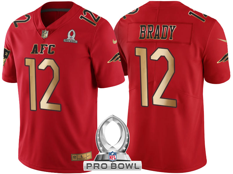 New England Patriots #12 Tom Brady AFC 2017 Pro Bowl Red Gold Limited Jersey