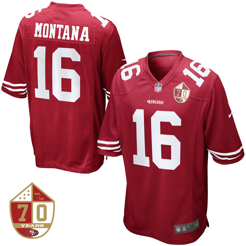 San Francisco 49ers #16 Joe Montana Scarlet 70th Anniversary Patch Game Jersey