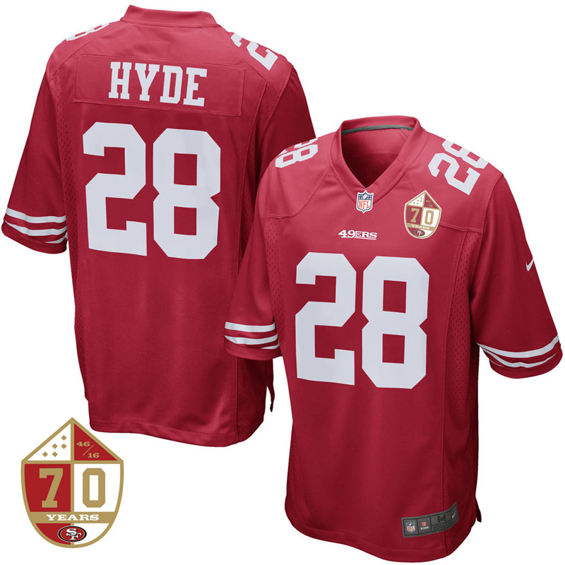 San Francisco 49ers #28 Carlos Hyde Scarlet 70th Anniversary Patch Game Jersey