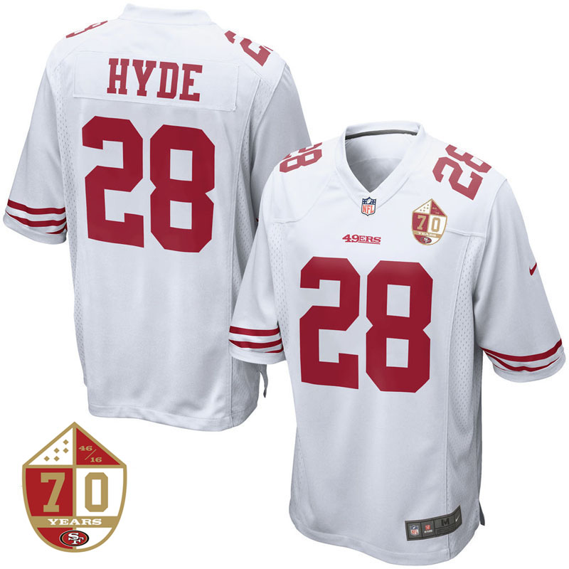 San Francisco 49ers #28 Carlos Hyde White 70th Anniversary Patch Game Jersey