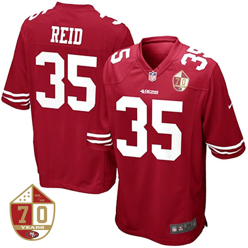 San Francisco 49ers #35 Eric Reid Scarlet 70th Anniversary Patch Game Jersey