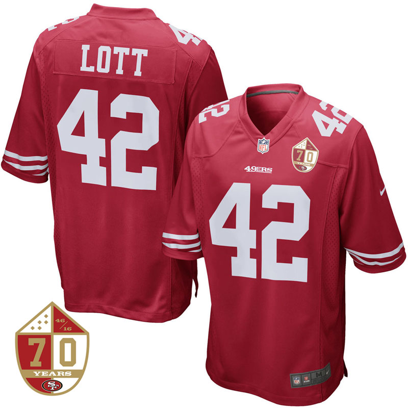 San Francisco 49ers #42 Ronnie Lott Scarlet 70th Anniversary Patch Game Jersey