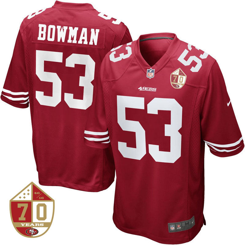 San Francisco 49ers #53 NaVorro Bowman Scarlet 70th Anniversary Patch Game Jersey