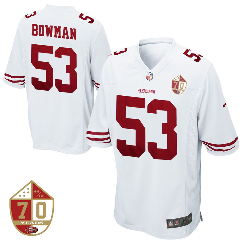 San Francisco 49ers #53 NaVorro Bowman White 70th Anniversary Patch Game Jersey