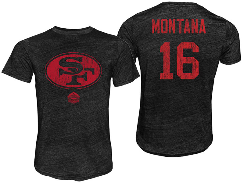 San Francisco 49ers #16 Joe Montana Black NFL Hall of Fame Player Tonal T-Shirt Name & Number T-Shirt