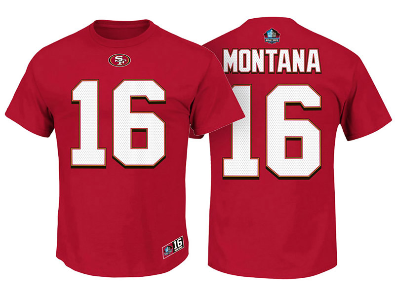 San Francisco 49ers #16 Joe Montana Scarlet Hall of Fame Eligible Receiver II Name & Number T-Shirt