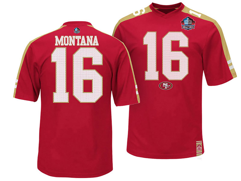 San Francisco 49ers #16 Joe Montana Scarlet Hall of Fame Hashmark Player Name & Number T-Shirt