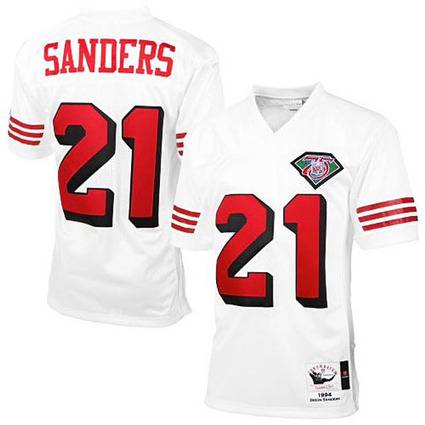 Mens San Francisco 49ers #21 Deion Sanders Mitchell & Ness White Authentic Throwback Jersey