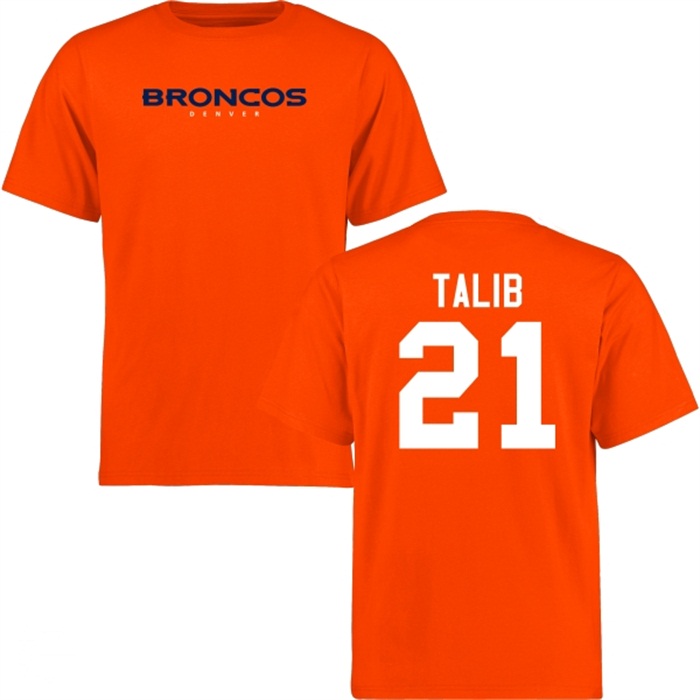 Denver Broncos #21 Aqib Talib Orange Name & Number Wordmark T-shirt