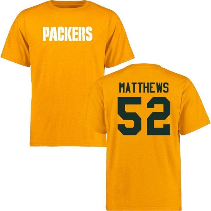 Green Bay Packers #52 Clay Matthews Gold Name & Number Wordmark T-shirt