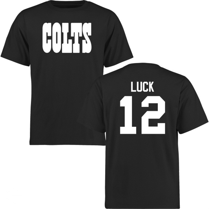 Indianapolis Colts #12 Andrew Luck Black Name & Number Wordmark T-shirt