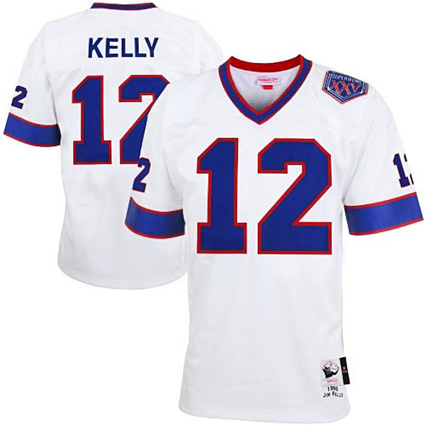 Mens Buffalo Bills #12 Jim Kelly Mitchell & Ness White Super Bowl XXV Authentic Throwback Jersey