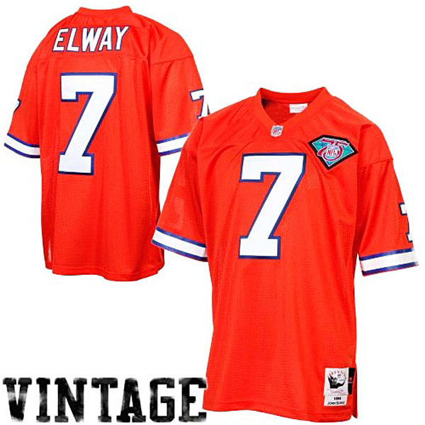 Mens Denver Broncos #7 John Elway Mitchell & Ness Orange Silver Anniversary Authentic Throwback Jersey