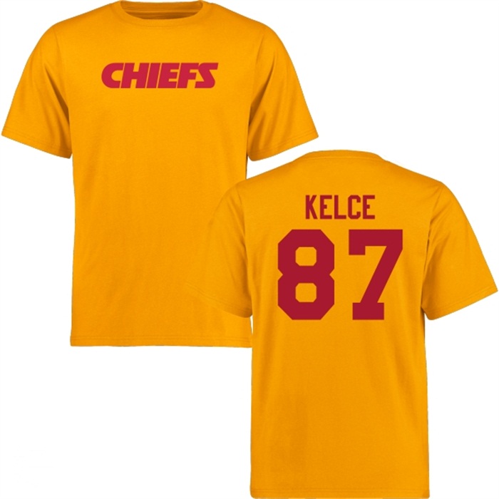 Kansas City Chiefs #87 Travis Kelce Gold Name & Number Wordmark T-shirt